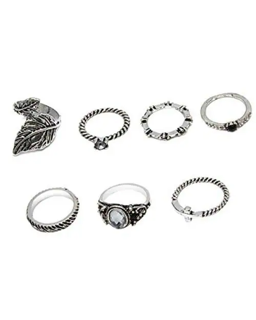Young & Forever Non Precious Metal Boho Gypsy Vintage Style Silver Plated Midi Finger Rings For Women (Silver) Set of 7