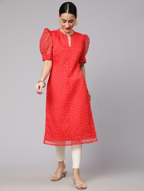 Aks Red Bandhani Digital Printed Straight Kurta