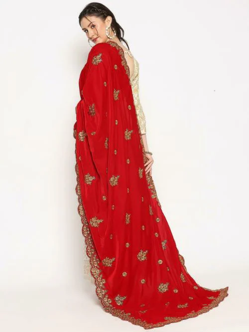 Dupatta Bazaar Women Red Embroidered Velvet Dupatta