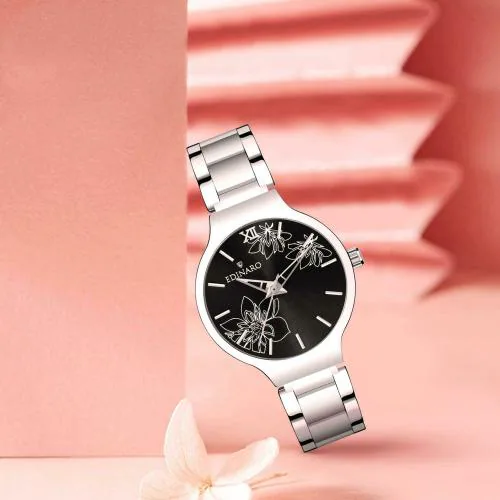 EDINARO Watches for Women Round Studded Black Dial |Analogue Quartz Movemnet Ladies Watch|Long Battery Life|Stainless Steel Adjustable Bracelet Chain Strap|Double Lock Clasp Safety Watches for Girls