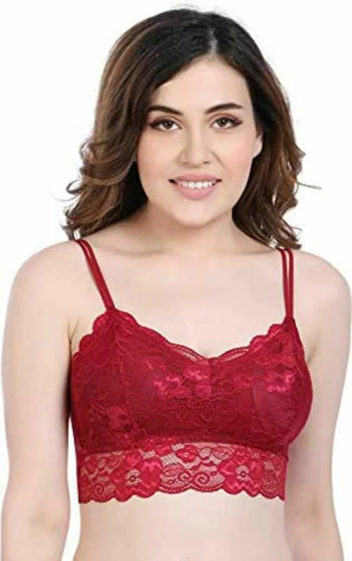 BOOMBUZZ Women's Padded Crop Top Floral Lace Bralettle/Bra,Floral Style Bra - MAROON