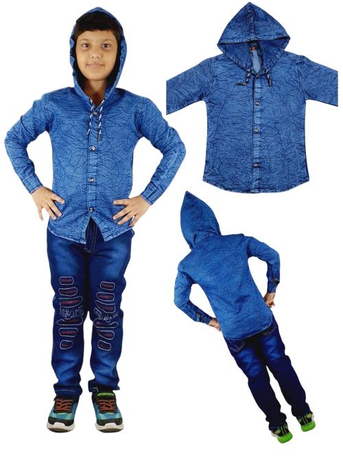 BOYS FULL DENIM HOODE SHIRT AND JEANS PANT COMBO SETS