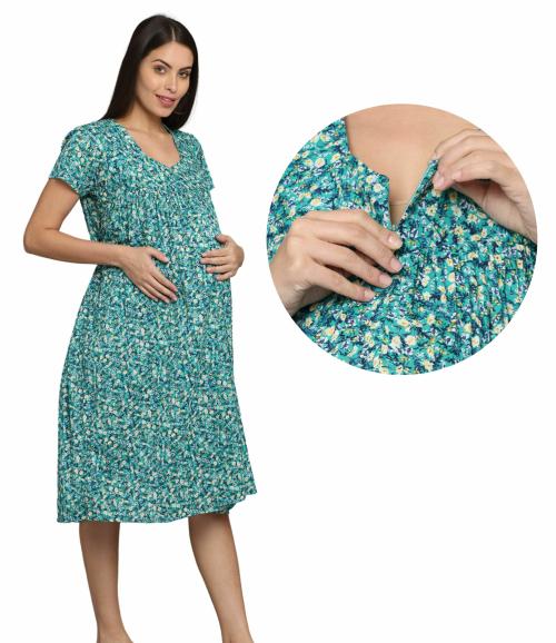 Morph Maternity | Dresses For Pregnant Women Cotton | With Hidden Vertical Zip For Easy Breastfeeding | Fits During Pregnancy & Post Pregnancy | Soft Cotton | One Side Pocket | Green | XXL