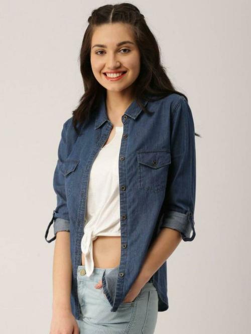 OOTPTAANG Women Dark Blue Solid Denim Casual Shirt - XL