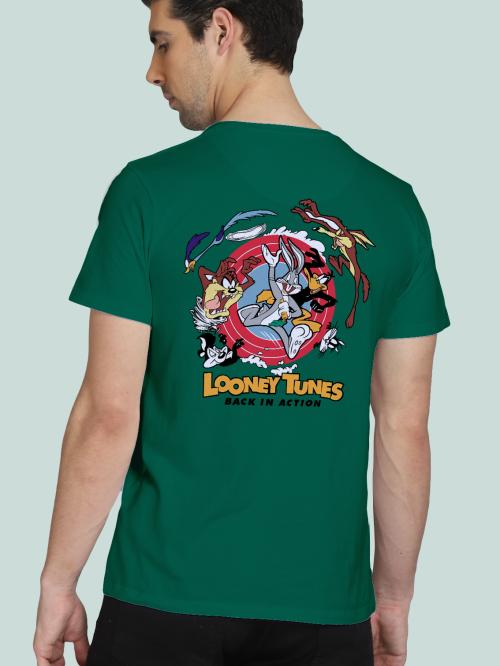 BLISSINK Looney Tunes Front And Back Printed Green Cotton Tshirt for Men