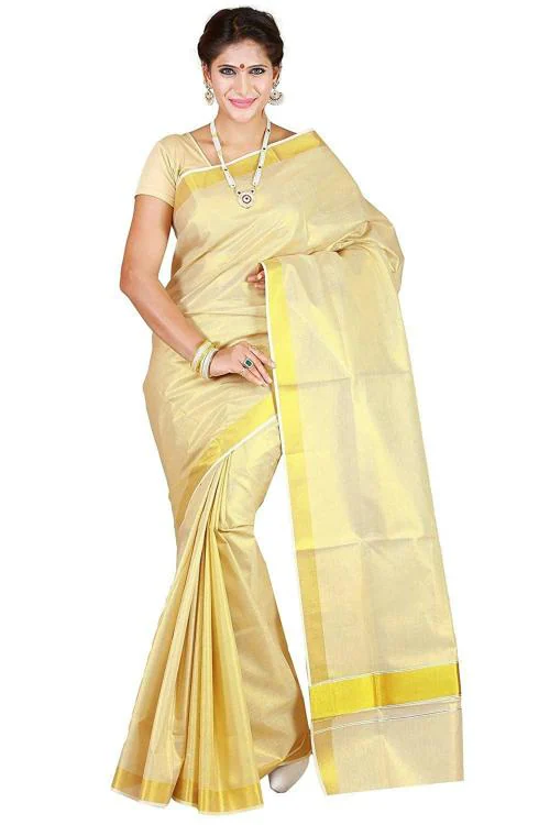 Fashionkiosks Women Gold Pure Cotton Kerala Kasavu Saree With Attached Blouse Piece