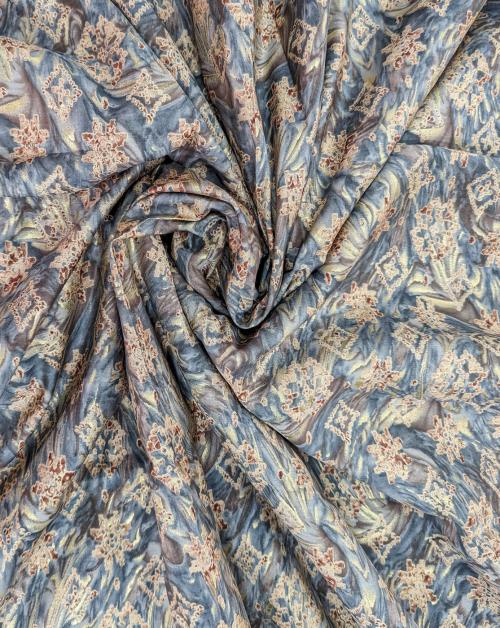 LCX Grey With Golden Color Florals Printed Muslin Fabric Material 2.5 Meter