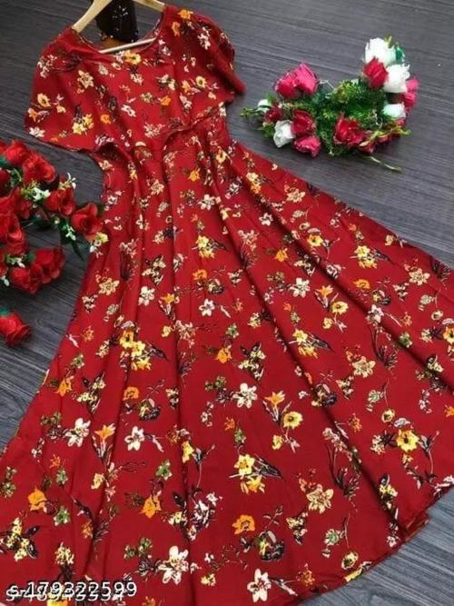 RAFAKHA brand Ankle Length Dress with Flowers in Poly Crepe material for Women and Girls (RED)