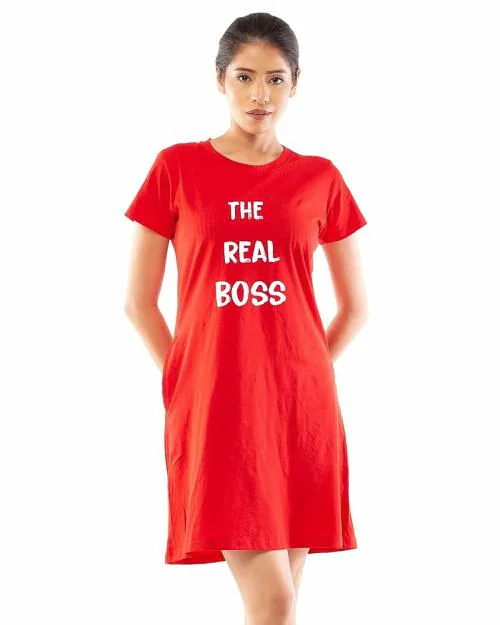 Lappen Fashion Women's Printed Tee Dress | A-Line Long T-Shirt for Girls | Nightwear | Round Neck Half Sleeve Cotton Knee Length Top with Pockets | Slim Fit Tshirts - The Real Boss Wordings Theme (Red) XL