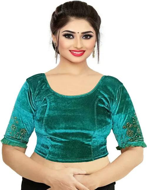 PU Fashion Women Light Green Embellished Velvet Blouse