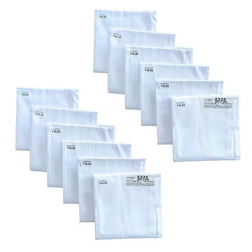 ASHOKA Branded White & White Border 100% Pure Cotton Handkerchief for Men| Durable, Highly Absorbent, Well Stitched Pure Cotton Handkerchiefs | Gift to Yourself and Your Dearones (Pack of 12)