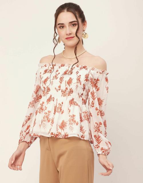 Moomaya Printed Off-Shoulder Tops, Women's Smocked Full Sleeve Casual Vacation Top