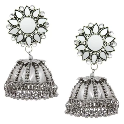 Fresh Vibes Afghani Silver Jhumka Earrings for Women - Mirror Work Oxidised Jhumkas in Traditional Design