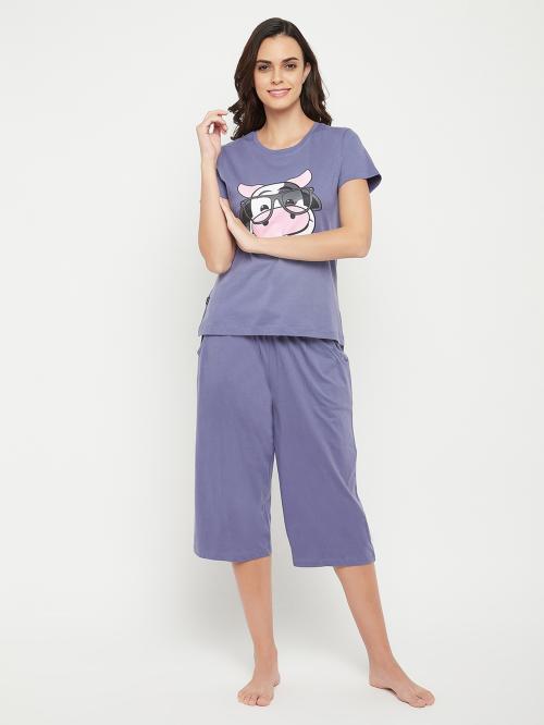 Clovia Women's Blue Graphic Print Cotton Pack of 2 Top & Capri Set