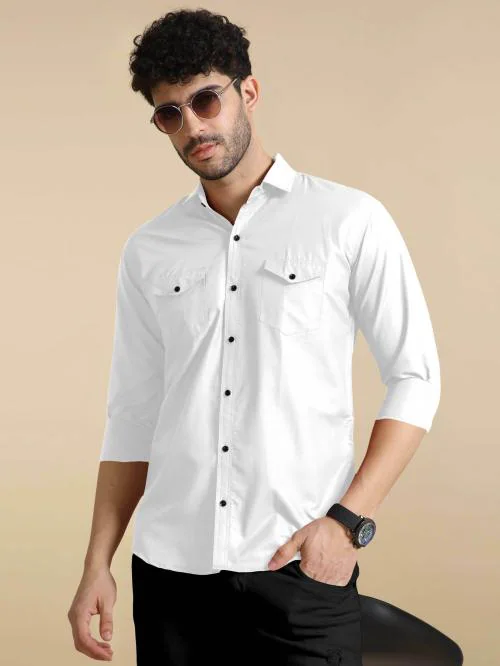 Qlonz Store Double Pocket Men Solid Cotton Casual Shirt