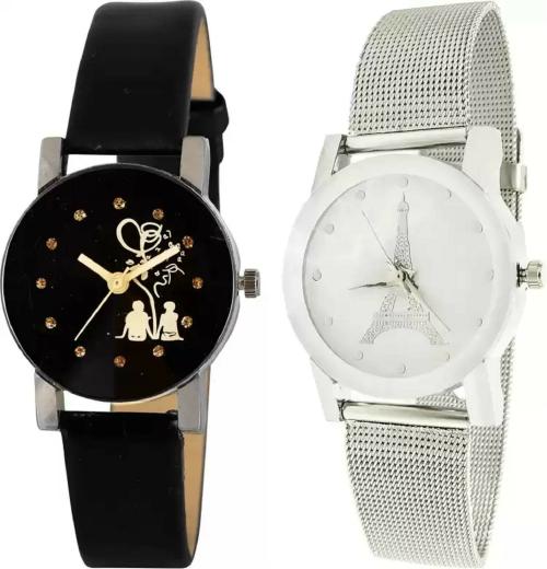 Blutech Analog White Dial Black Strap Watch For Women, Girls (Pack Of 2