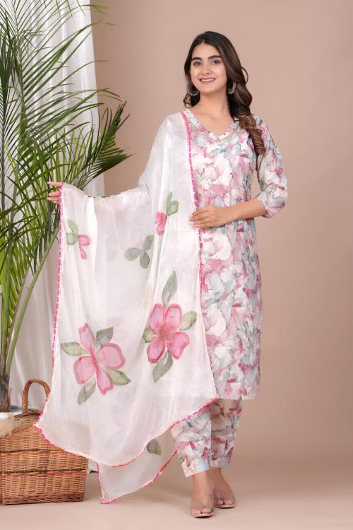 LABEL PEHNAVA STRAIGHT KURTI PANT DUPATTA SET@XXXL
