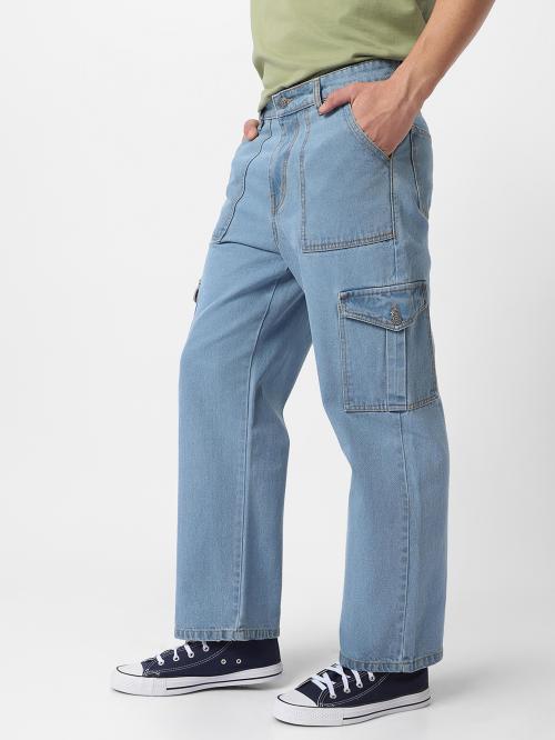 Urbano Fashion Men's Ice Blue Loose Fit Cargo Jeans with 6 Pockets Non-Stretchable