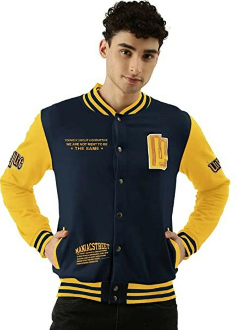 Maniac Printed Mens Full sleeve High Neck Button Down Navy and Yellow Cotton Slim Fit Jacket
