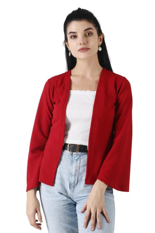 Popwings Front Open Women Maroon Shrug with Bell Sleeve