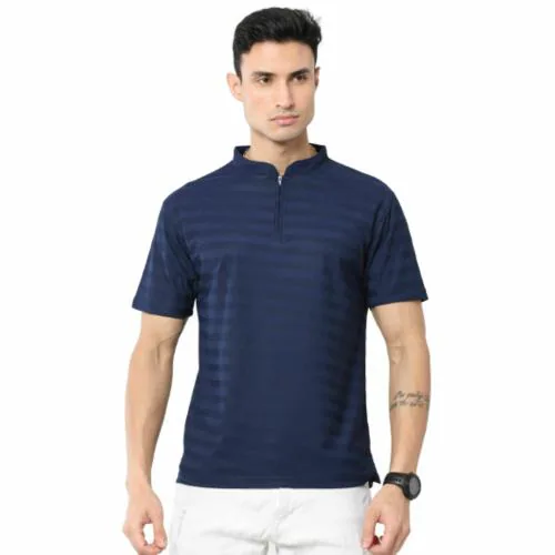 STACKIA Men's Chinese Collar Neck Half Sleeve Striped Polo T-Shirt Navy Color
