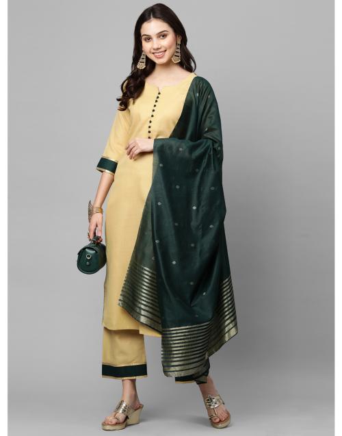 Shubhisha Fashion Women's Cotton Blend Beige Kurta with Palazzo & Dupatta XL