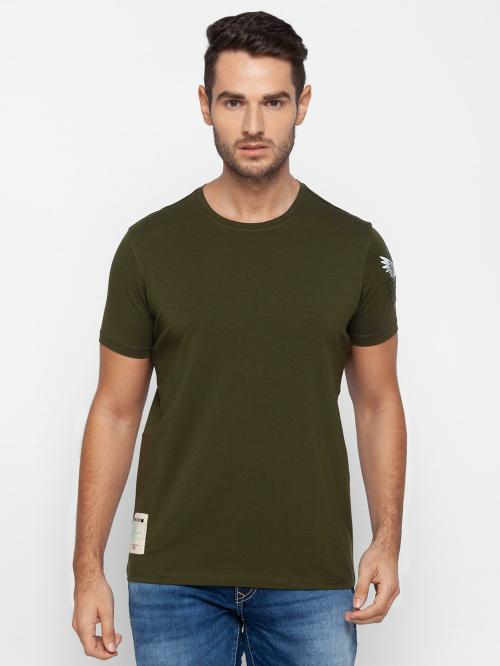 Spykar Men Cactus Green Blended Slim Fit Printed Round Neck Tshirt