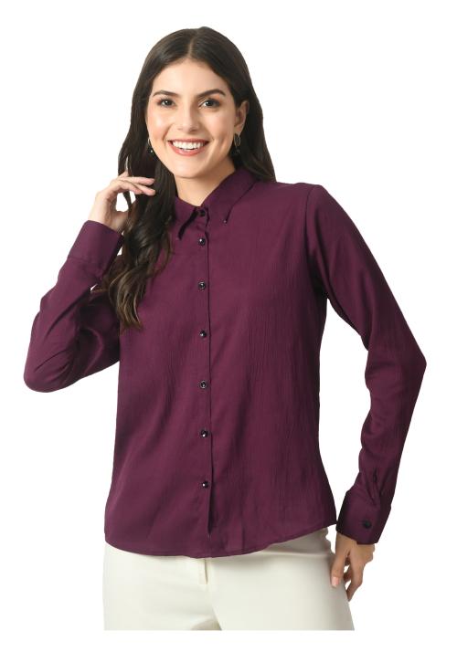 KAYU Women Solid Stylish Full Sleeve Collar Neck Casual Shirts (Pack of 1) Purple