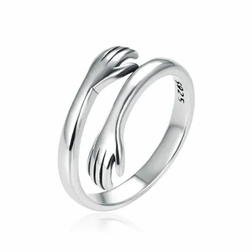 BLOOMSTYLE Initial 925 Silver Ring Hug Carved Hand Ring Love Forever Adjustable Hand Hug Ring