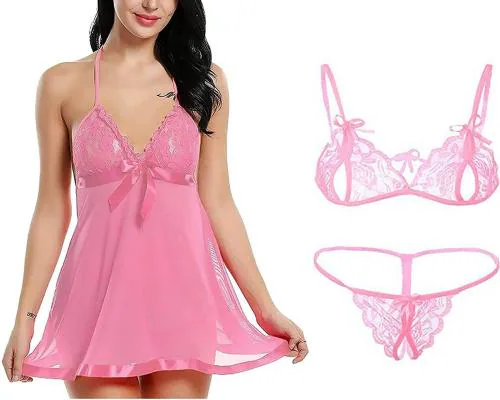 Iyaracollection Women Pink Self Design Net, Lace Bra And Panty Set