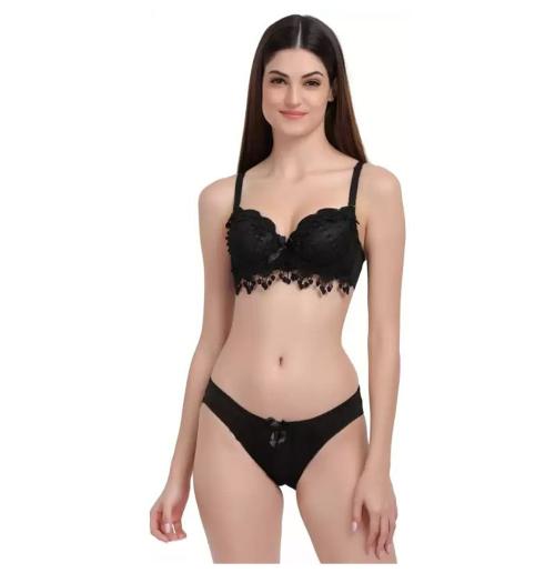 Modbra Women's Gorgeous Honeymoon Heavily Padded Lace Wired Push up Bra Panty Bridal Set (Size 36B) Black