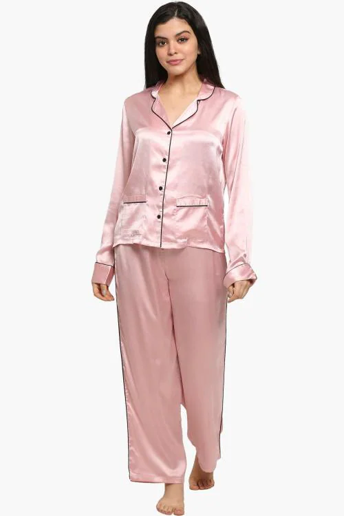 Pretty Loving Thing Women Full Sleeve Night Dress Shirt and Pajama Set Pink