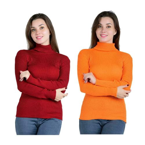 CUBIHEXA Women Maroon and Orange Woollen Pack of 2 Winter Sweaters Free Size