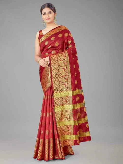 Silk Land Women Red Woven Design Pure Silk Saree ( One Size)