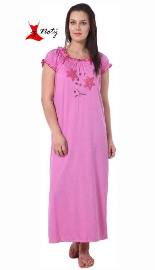 Noty Women's- Nighty/Maxi/Gown- Knitted Hosiery Cotton Fabric- Neck Frills (Cherry Red, Free Size)