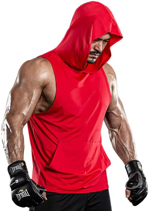 Men's Hooded Tank Tops Workout Sleeveless Muscle Shirt with Kangaroo Pocket Size L Color Red