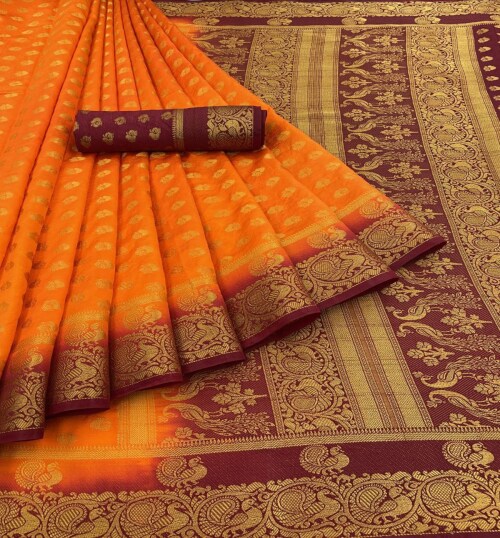 BANARASI JACQUARD SILK SAREE- SAFFRON MAROON