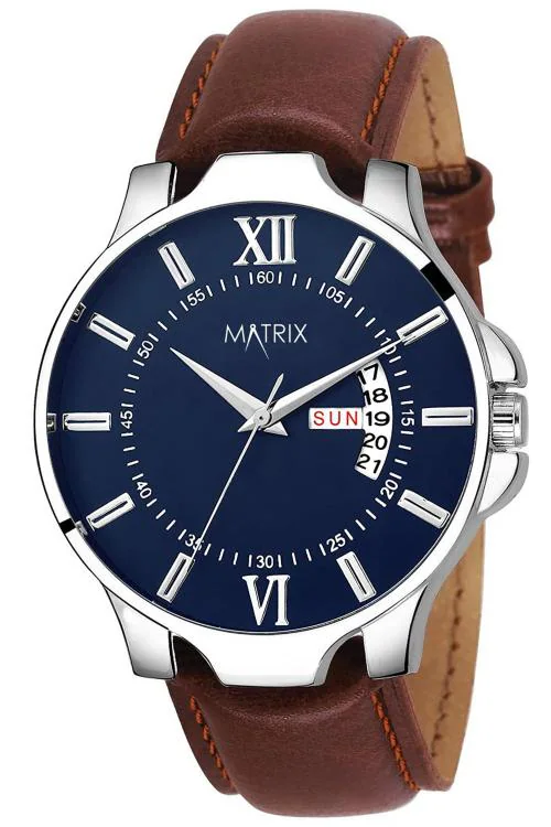 Matrix Timepiece Antique Day & Date Leather Strap Analog Silicone Watch For Men & Boys - Black