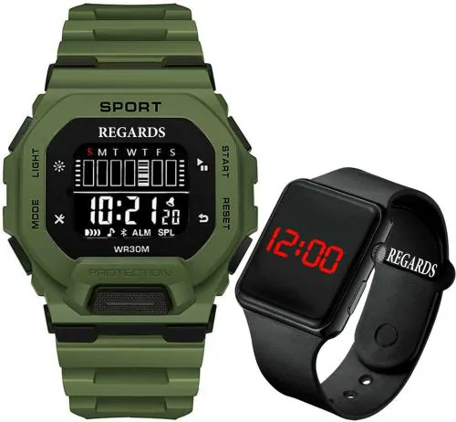 Regards Digital Green Dial Green Strap Watch For Men (Pack Of 2)