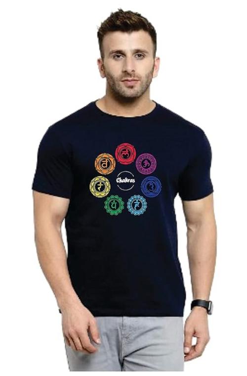 Just Teesing Cotton Half Sleeve Regular Fit Round Neck Graphic 7 Chakras Printed Bio Wash T Shirt for Men (Navy Blue _ Medium)