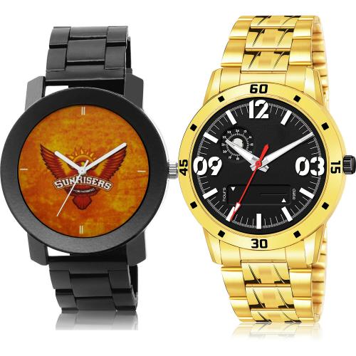 GROOT Best 3D Design Sunrisers Hyderabad (Srh) Ipl Chain And Gold Chain Black And Gold Colour Analog Metal And Stainless Steel Belt 2 Watch Combo For Boys And Men - IPL18-(20-S-21)