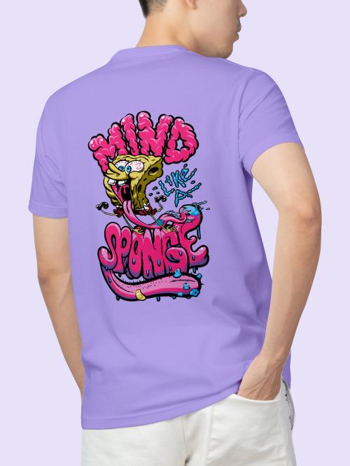 BLISSINK SpongeBob SquarePants Front And Back Printed Lavender Cotton Tshirt for Men