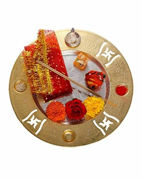 Ojas Designer And Occasional Om Stainless Steel Silver And Gold Plated Pooja Thali Set