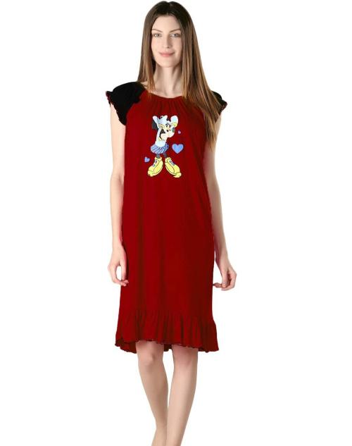 San Apparels Women Maroon Cartoons Cotton Nighty