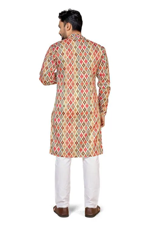Zarkle Men Cream Digital Print Banarasi Silk Kurta Pajama Set (Xl)