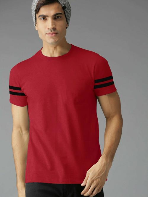 Jump Cuts Men Full Sleeve Stripes Red Slim Fit Cotton Tshirt