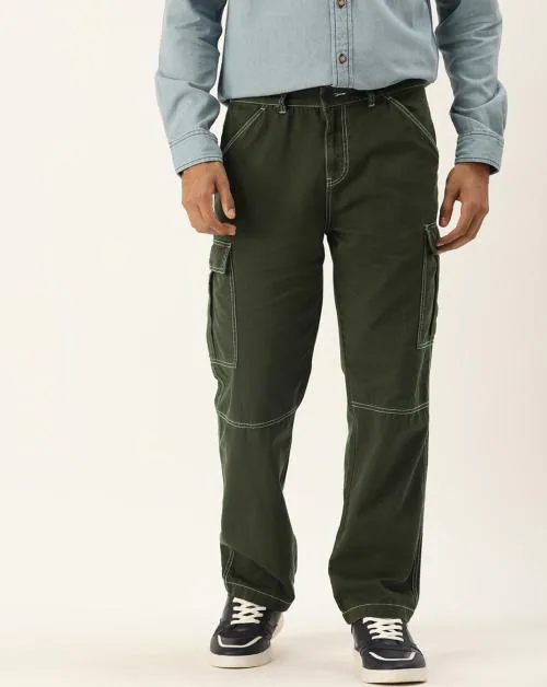 Bene Kleed Men Solid Dark Green 100% Cotton Cargos