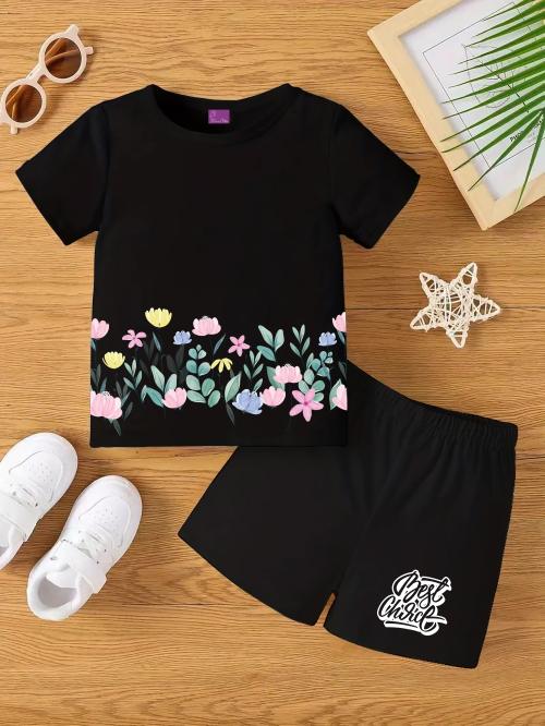 DE TEES GIRLS PRINTED TOP AND BOTTOM SET 160GSM COTTON JERSEY_Black_18-24 M