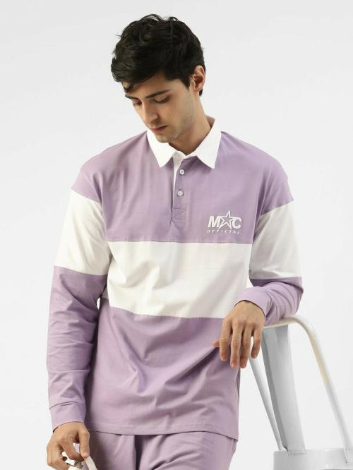 Maniac Mens ColorBlock Polo Neck Full Sleeve Lavender and White Boxy Fit Cotton T-Shirt