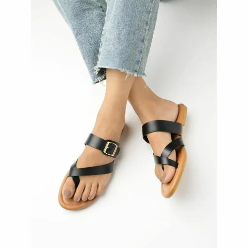 Shoetopia Stylish Side Buckle Detailed Black Flats For Women & Girls